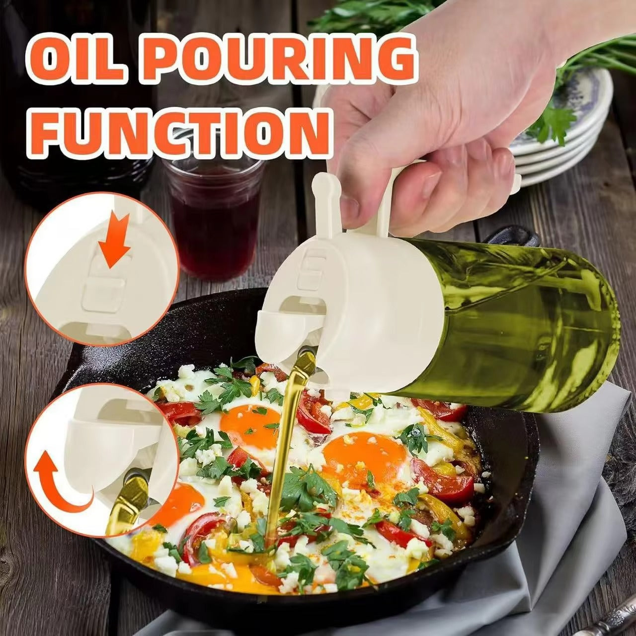 ২-ইন-১ গ্লাস অয়েল ডিসপেনসার ও স্প্রেয়ার – ৪৭০মিলি লিকপ্রুফ অলিভ অয়েল স্প্রে বোতল